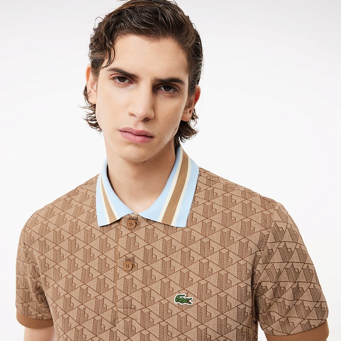 Рубашка поло Lacoste Classic Fit Contrast Collar Monogram Motif Polo Beige/Brown